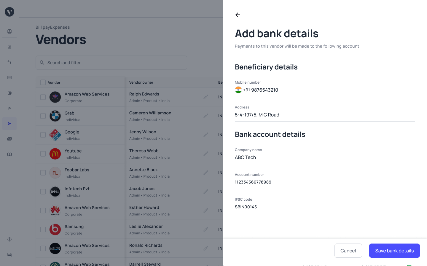 Vendor bank details